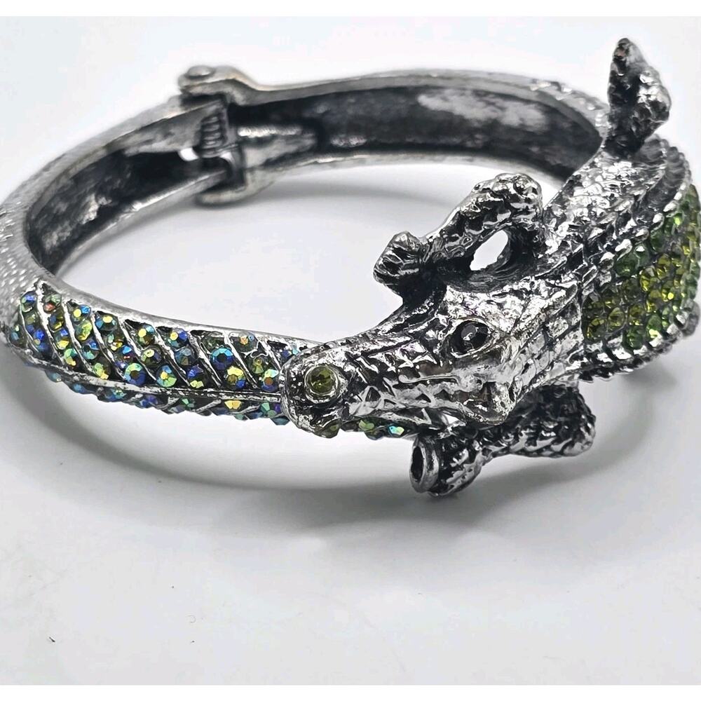 Bracelet Alligator Crocodile Green Blue Rhinestones Pave Setting Hinged Cuff - Picture 11 of 11